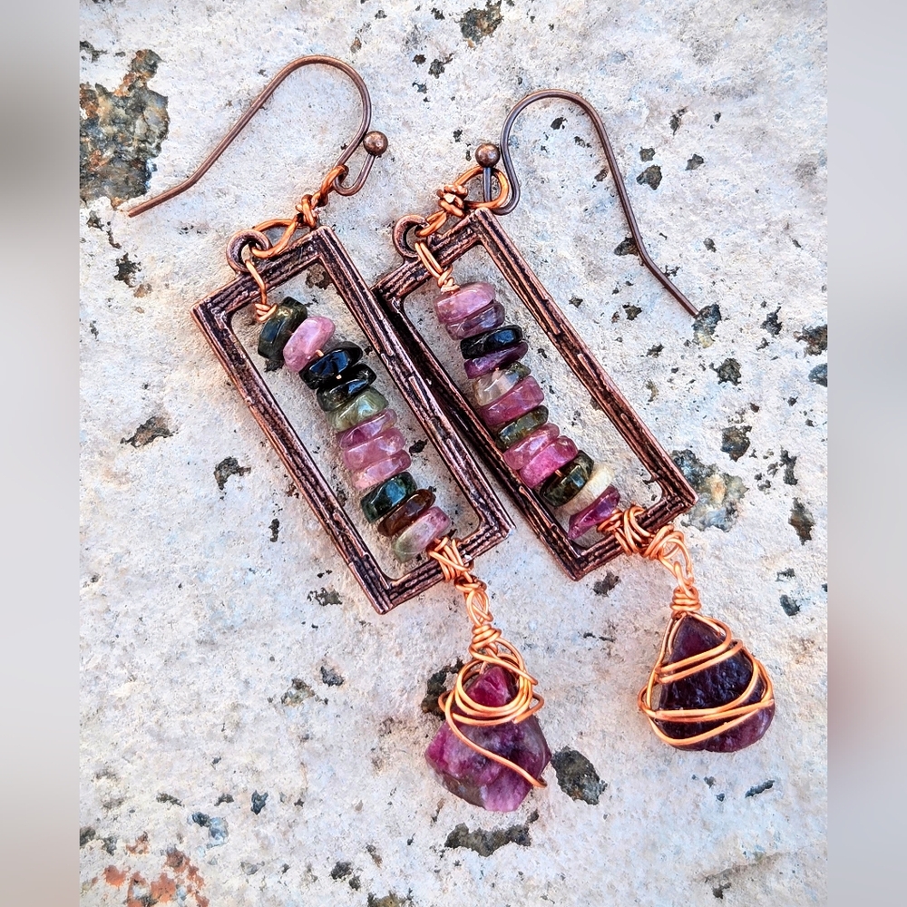 Pink Tourmaline The Stone Of Rainbow & Antique Copper In Primitive Earrings